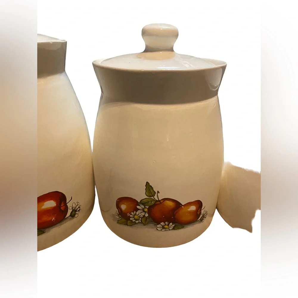 Vintage Ceramic Kitchen Canister Set of 3 Apple Fruit Design with Lids